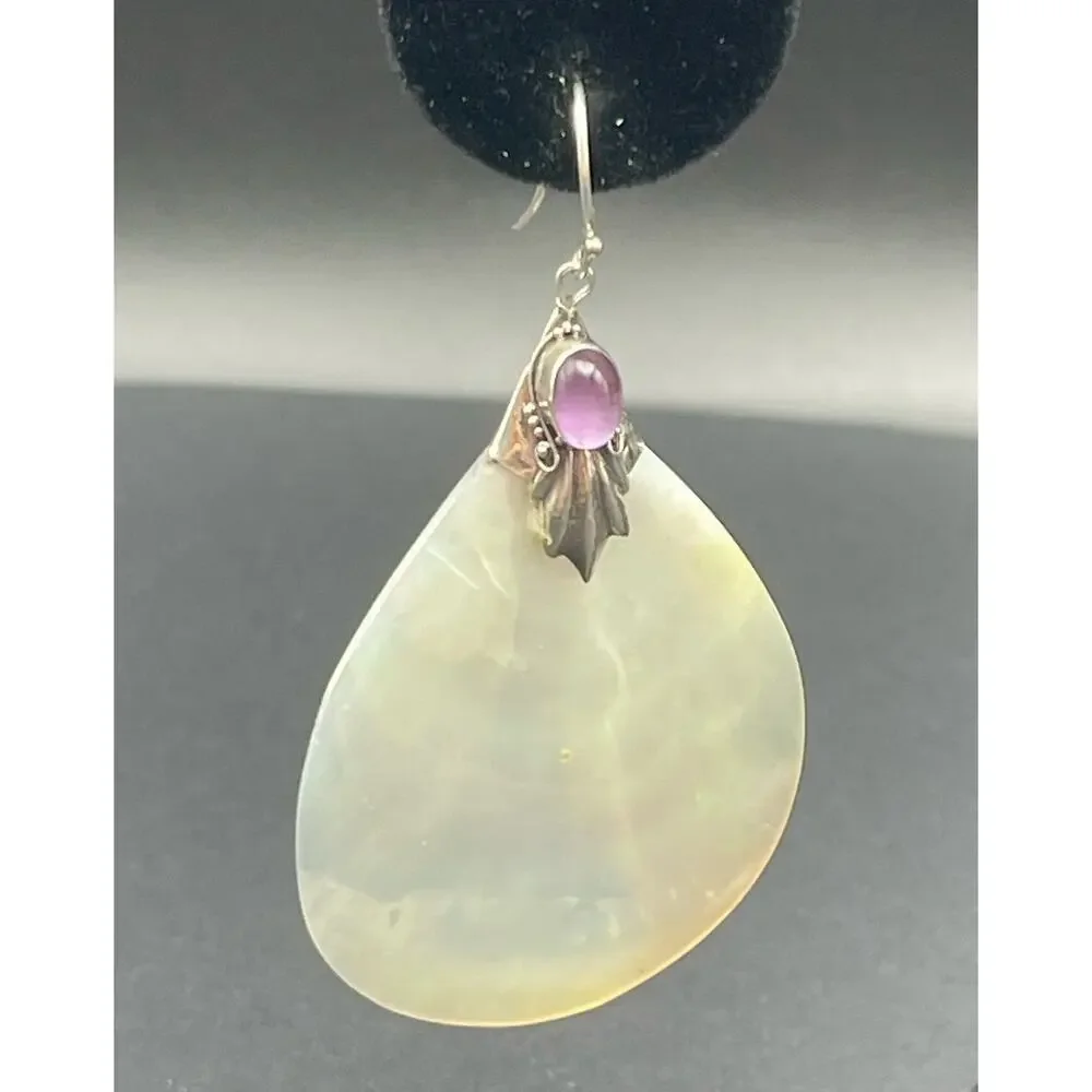 Mother of Pearl Purple Jade Gemstone Earrings MOP 925 French Wire Hook 2.4